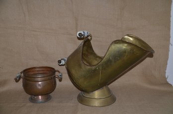 (#58) Vintage Brass Coal Bucket With Ceramic Handles  And Copper Planter - Check Description