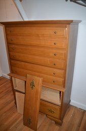 Vintage Maple Highboy Chest Of 5 Drawer Dresser - Bottom Front Panel Needs Repair