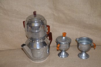 (#84) Vintage Chrome Bakelite? Handle Coffee Set: Percolator Pot, Sugar & Creamer