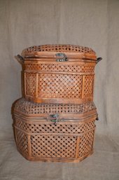 84) Woven Reeded Lidded Adirondack Nesting Storage Baskets 17.5' And 16'