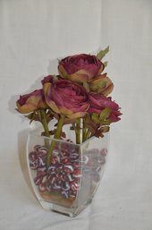 120) Artificial Rose In Glass Vase With Marbles 10'H