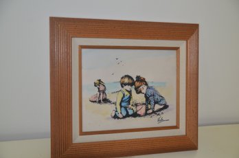 126) Vintage Vichy Engraved Art Framed Children Playing By Beach 15x13