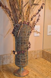 121) Wired Metal Vase Dried Cattails And Wheat Grass 34'H With Arrangement