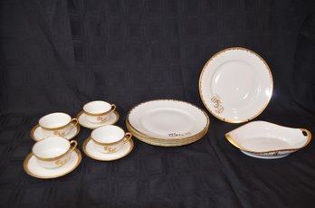 57) Royal Austria, Silesia, Haviland White & Gold Trim Dinner Plates, Cup And Saucers, Oval Serving Bowl