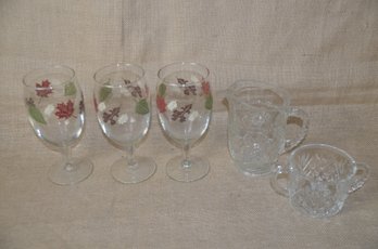 (#145) Wine Glass Harvest Leaf Design ~ Glass Sugar And Creamer Set