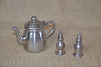 (#114) Stainless Steel POLAR Teapot 4.5' And Salt & Pepper Shaker 3'h