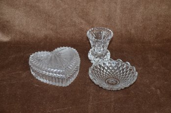 (#22) Lot Of 3 Glass Decor: Cover Heart Trinket ~ Bud Vase ~ Trinket Ring Dish 4'