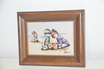 129) Vintage Vichy Engraved Children Playing On Beach Art Framed 10x8