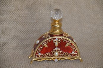 (#220) Perfume Bejeweled Metal Enamel Burgundy Bottle Pearls Rhinestone