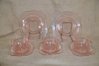 48) Depression Pink Glass Set Of 3 Cups & Saucers And 2 Lunch Plates