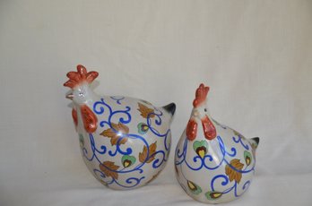 33) Vintage Pair Of Ceramic Chicken Garden Colorful Hens Decorative Home Display 10.5'H