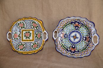 88) Mexican Folk Art Pottery Hand Painted Signed Talavera Handle Serving Plates 10' Set Of 2 (see Description
