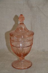 67) Pink Depression Jeannette 8' Covered Glass Candy Jar Vintage
