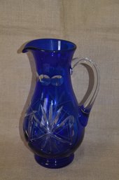 (#117) Spectacular Cut Crystal Glass Blue Pitcher / Vase 12'H