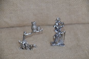 (#54) Miniature Pewter Clown And Owl On Branch Figurines