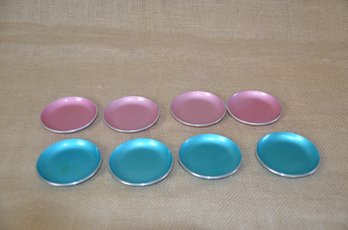 (#119) Vintage MCM Emalox Norway Small Plate Salt Dish Set 2.75' Pink And Turquoise Set Of 8