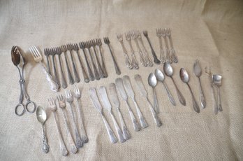 (#7) Assorted Silver Plate Fish Forks, 5 Demitasse Spoons, 6 Butter Knives