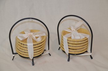 64) Set Of 2 ( 6 Each ) Ceramic Yellow 4' Round Dipping Plates Bowl With Metal Caddy Frame Stand