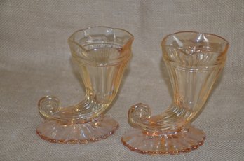 70) Pair Of Vintage Carnival Glass Cornucopia Pressed 5' Glass Vases