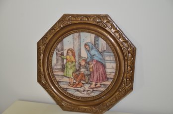 133) Vintage Artini Engraved Twin Etched Hand Painted Four Dimensional CHILDREN WITH BIRDS 14' Diag.