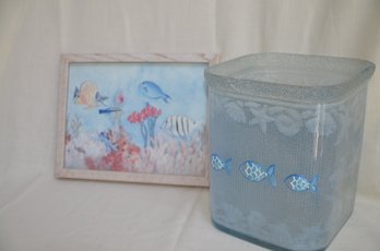 130) Bathroom Acrylic Waste Basket And Seascape Framed Picture