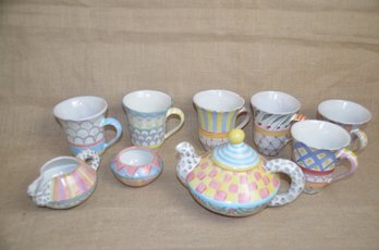 (#27) Mackenzie Child Tea / Coffee Set  9 Pieces (sugar & Creamer, Tea Pot , 6 Mugs ) Victoria And Richard