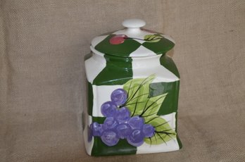 (#293) Ceramic Cookie Cover Jar Plaid Green And White Fruit Design 7'