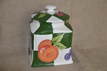 (#293) Ceramic Cookie Cover Jar Plaid Green And White Fruit Design 7'