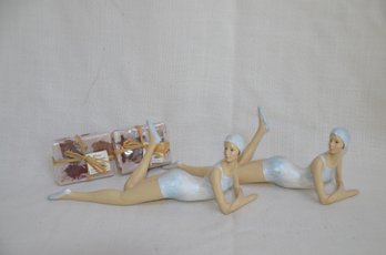 133) Art Deco Style BATHING BEAUTY Style Figurines Lot Of 2 And Rose Geranium Soaps