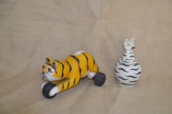 (#78) Paper Mache Cats ~ Cat On Wheels 10'H ~ Wood Cover Cat Trinket Box 8'H