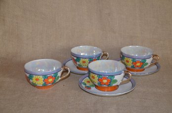 100) Vintage Japan Hand Painted Lusterware Floral Tea Set Cup & Saucer ( 4 Cups & 3 Saucers)