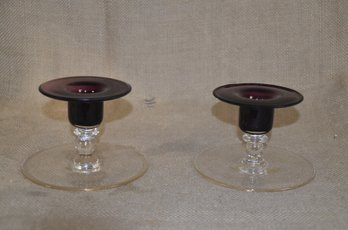 77) Zech Slovakia Pair Of Amethyst Depression Glass Clear Footed Base 3.5' Candlestick Holder