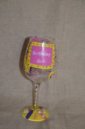 (#300) Hand Painted Birthday Girl Wine Glass Rhinestones
