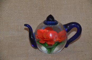 (#231) Dynasty Gallery Heirloom Collection Glass Heavy Teapot Paperweight Blue Clear Red Rose