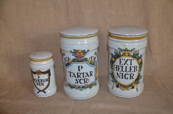 103) Vintage Ceramic 3 Piece Apothecary Pharmacy Jar Canister Set Of 3  ( 9' And 6')