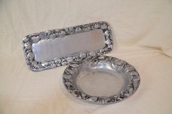 77) Pewter 12' Round Serving Platter AND Oblong Tray 18x7