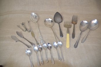 (#132) Silver Plate Assorted Spoons, Sugar Tongs, Butter Knives