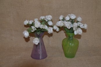 (#234) Trinket Green & Lavender Glass Vase Milk Artificial Roses