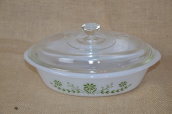 (#134)  Vintage Milk Glass Fire King Green Meadow Covered Casserole Baking Dish (lid Chipped)