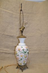 (#1) Ceramic Table Lamp Pink And Green Flower Design Brass Footed Base