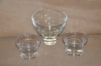 (#106) Heavy Bottom Base Glass Bowl And Set Of Candle Holders / Candy Dishes - See Condition Notes