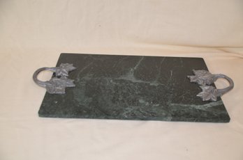 79) Green Marble Pewter Handles Cheese Tray