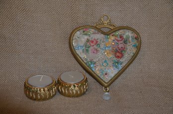 (#236) Wood Heart Wall Decor Hanging & Pair Of Votive Candle Holder
