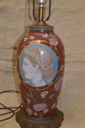 (#2) Vintage Porcelain Table Lamp Burgundy Women Portrait Brass Bottom Base