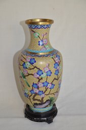 47) Vintage Chinese Cloisonne Vase With Cherry Blossoms & Birds On Stand 12.5'H