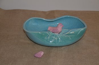 (#13) Vintage McCoy Bird Bath Pottery Bowl Teal Blue And Pink Bird On Edge - Tail Broke Off