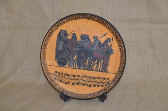 (#82A) Artist Signature Terra Cotta Hand Made Ancient Corinth Decorative Plate And Stand