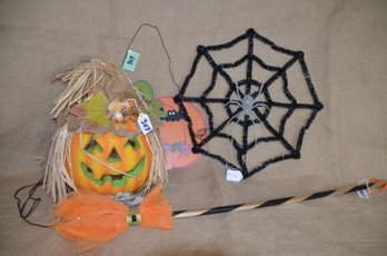 (#307) Halloween Decor - Electric Light Up Jack O Lantern Scarecrow , Spiderweb, Happy Halloween Sign