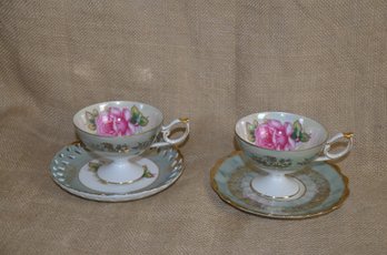 86) Royal Halsey Very Fine Japan Sage Green & Pink Roses Tea Cup & Saucer Set