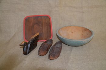 (#84)  Lot Of Wood Pieces ~ Carved Duck  ~ Pair Of Dutch Holland Wooden Clogs ~ Bowl & Wood Tray